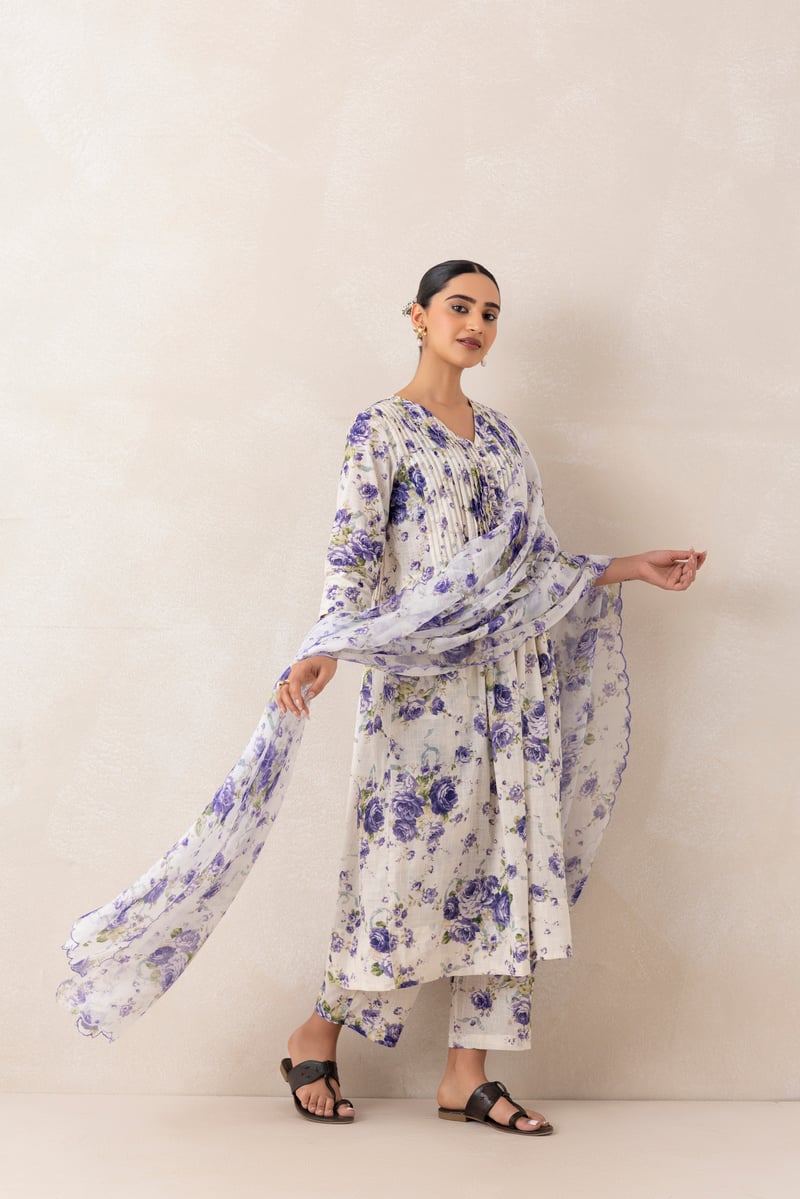 Purple/White Floral Flared Kurta Set with Palazzo and Dupatta