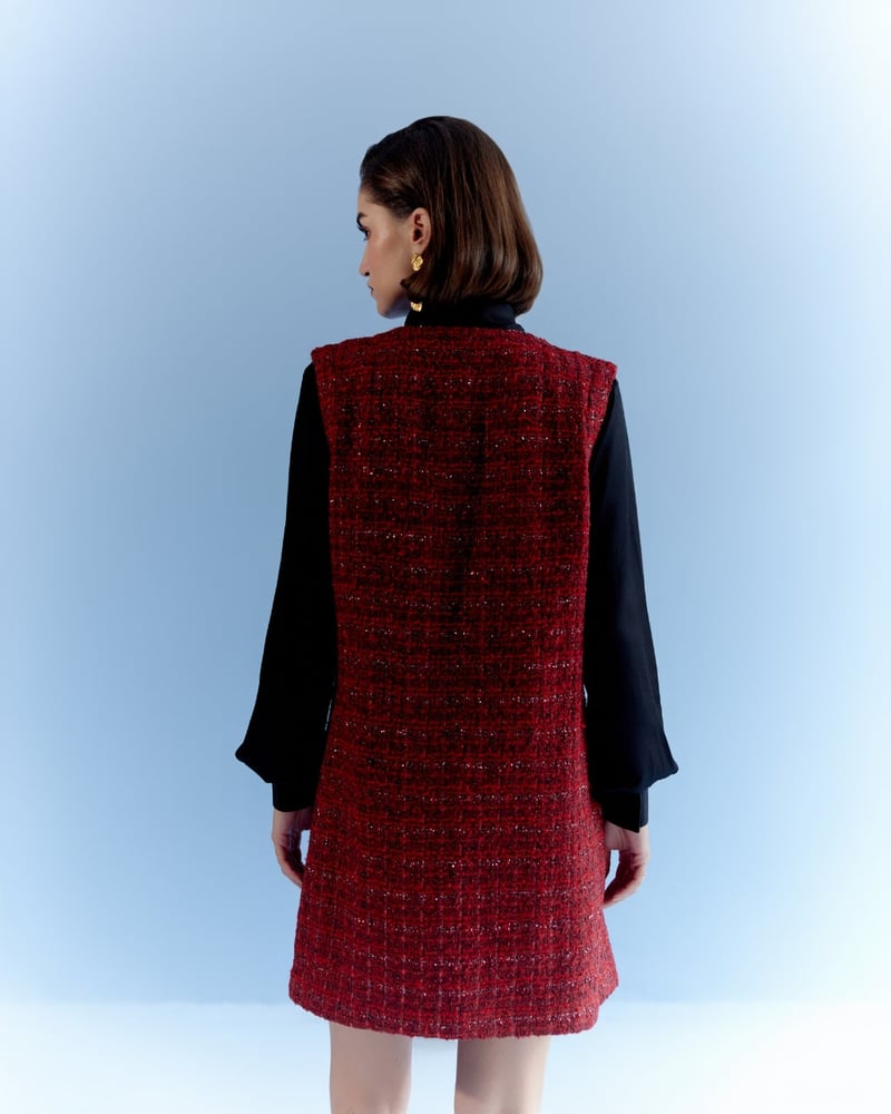 Red Tweed V-Neck Button-Front Mini Dress