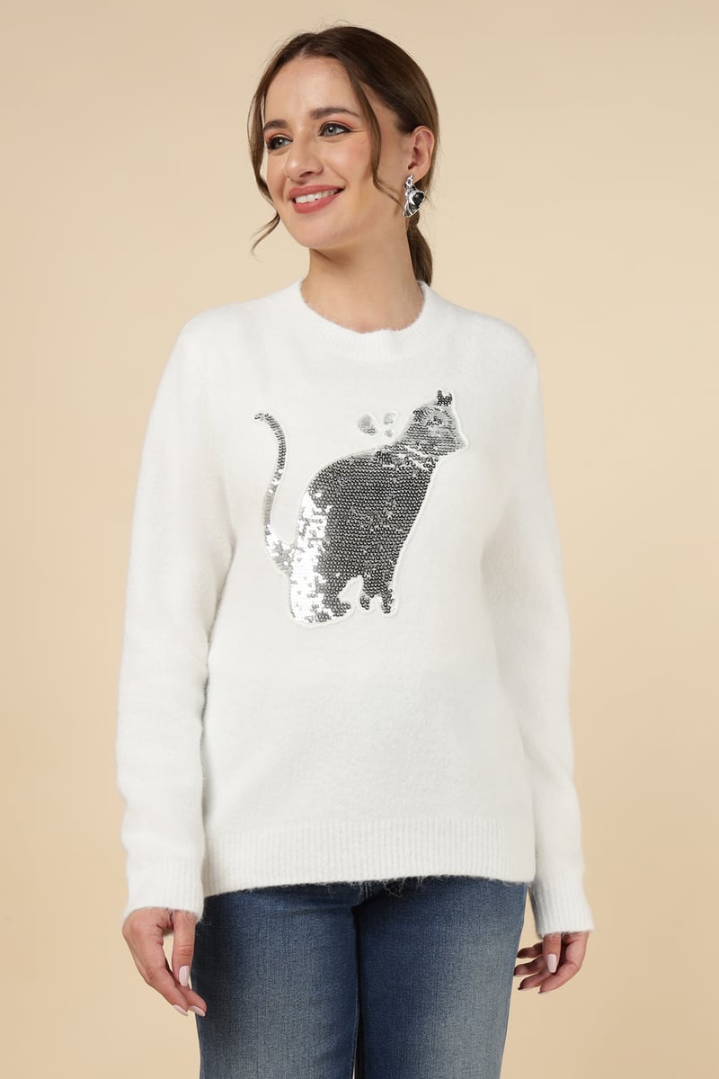 White Sequin Cat Motif Crewneck Pullover Sweater