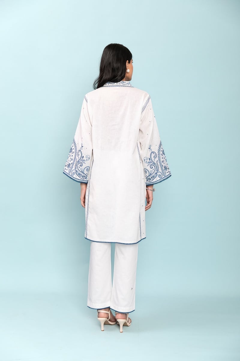 White and Indigo Embroidered Linen Kurta Set with Dupatta