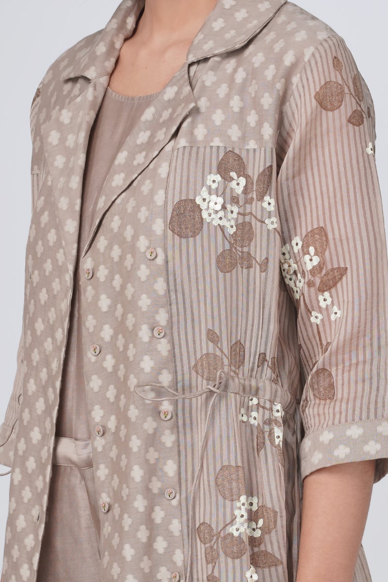 Beige Printed Longline Jacket and Straight Pants Co-ord Set