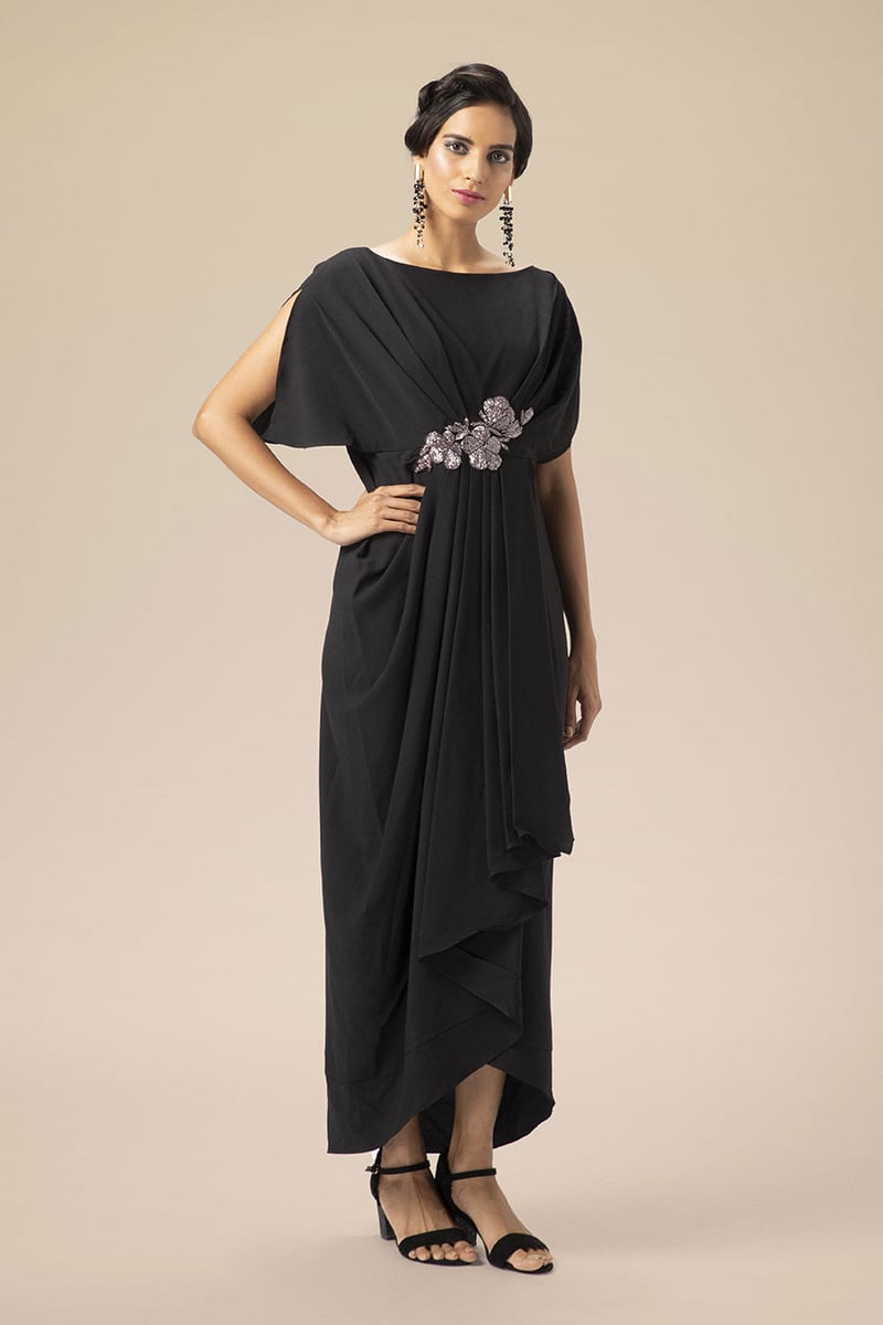 Black Moss Crepe Embroidered Drape Maxi Dress