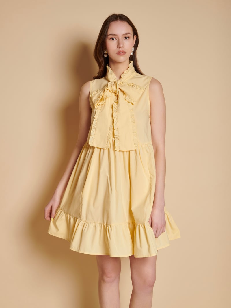 Yellow High Neck Bow Detail Tiered Mini Dress — SISTER JANE