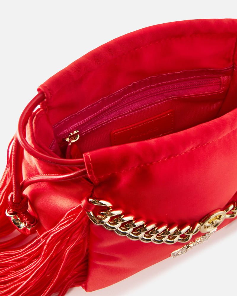 Mini satin clutch bag with fringes