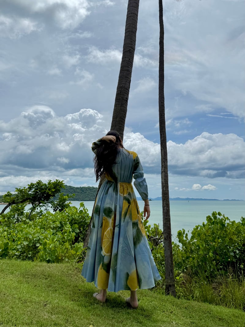 Blue Citrus Print Cotton Fit and Flare Maxi Dress