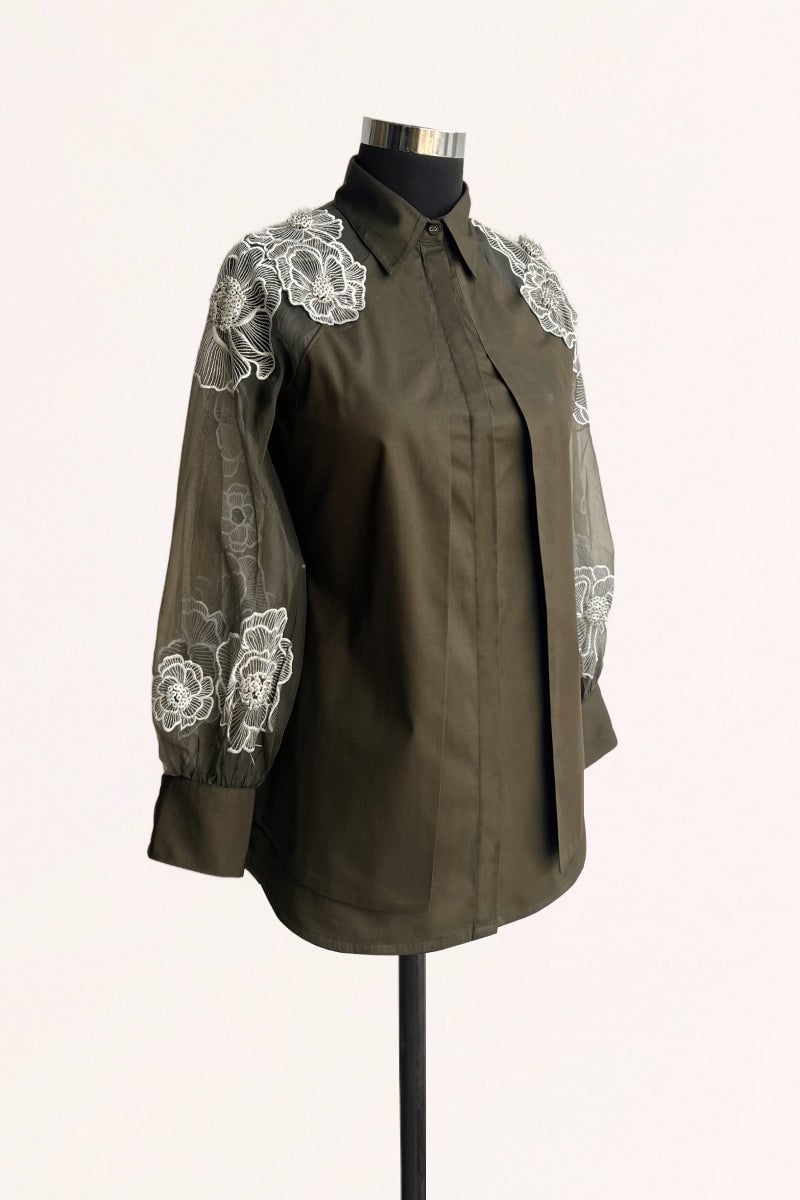 Army Green Embroidered Organza Sleeve Shirt