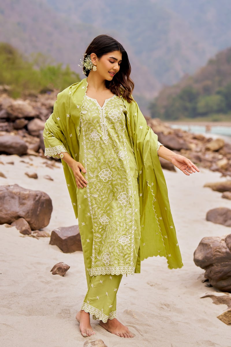 Green Cotton Embroidered Straight Kurta Set With Dupatta