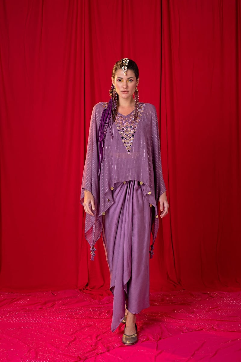 Lavender Shimmer Cape and Draped Maxi Skirt Co-ord Set — EnEch