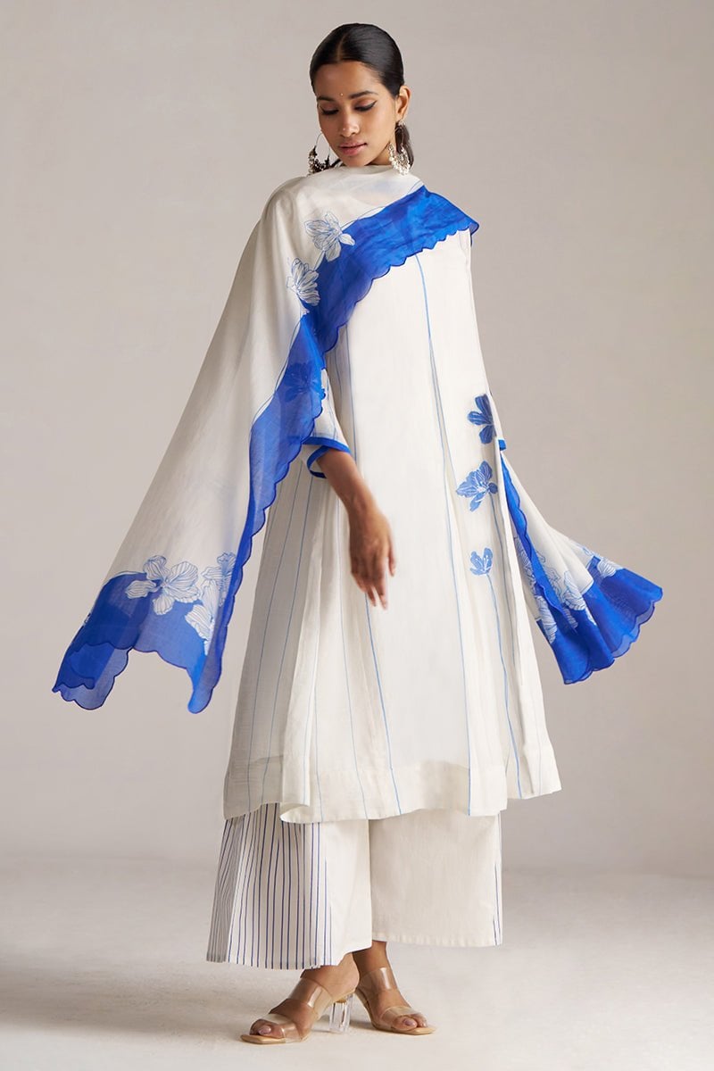 Ivory and Cobalt Printed A-Line Chanderi Kurta Set
