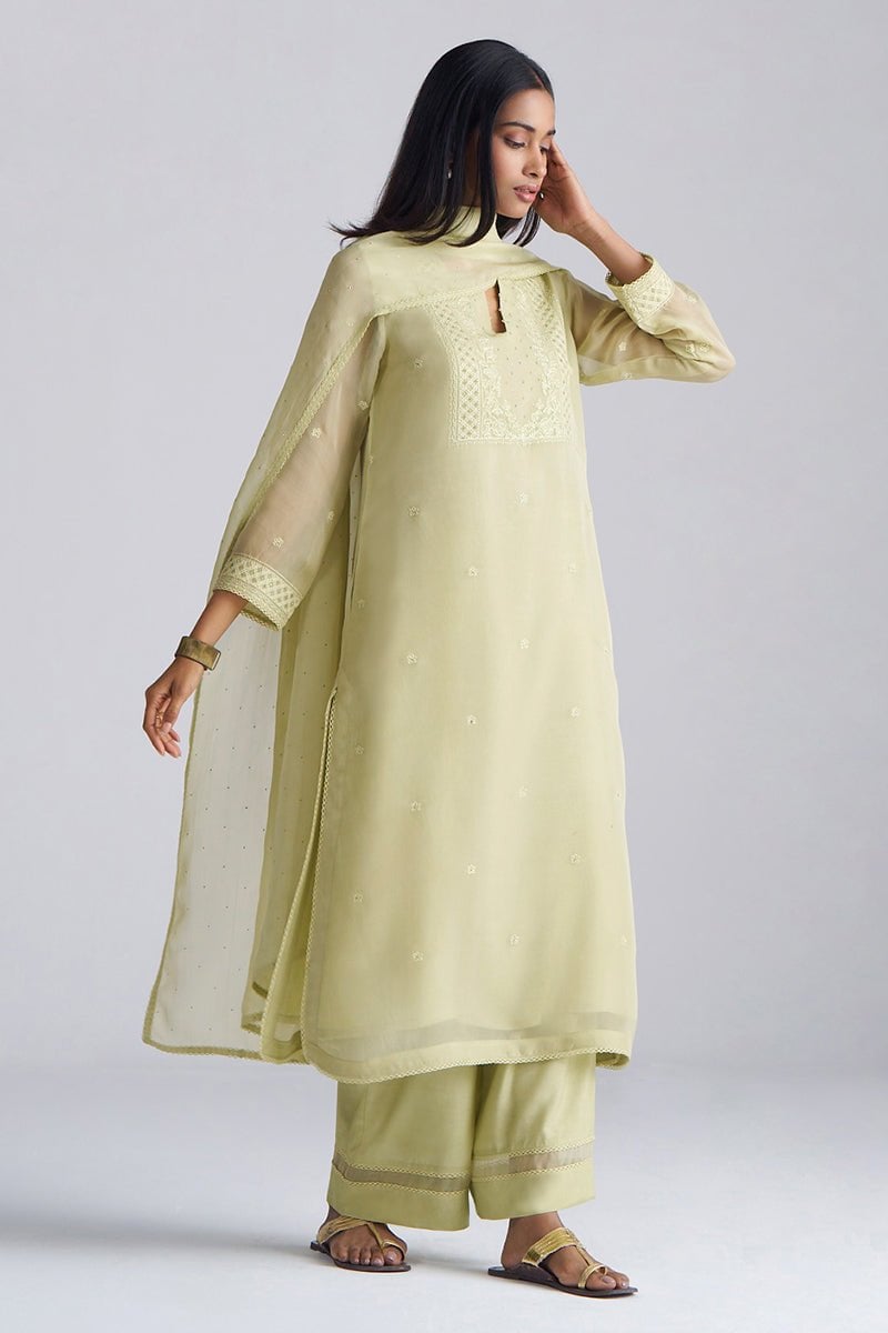 Pista Milk Sheer Kora Silk Embroidered Kurta Set