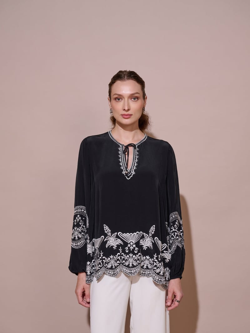 Black Embroidered Tie-Up Neck Flowy Top