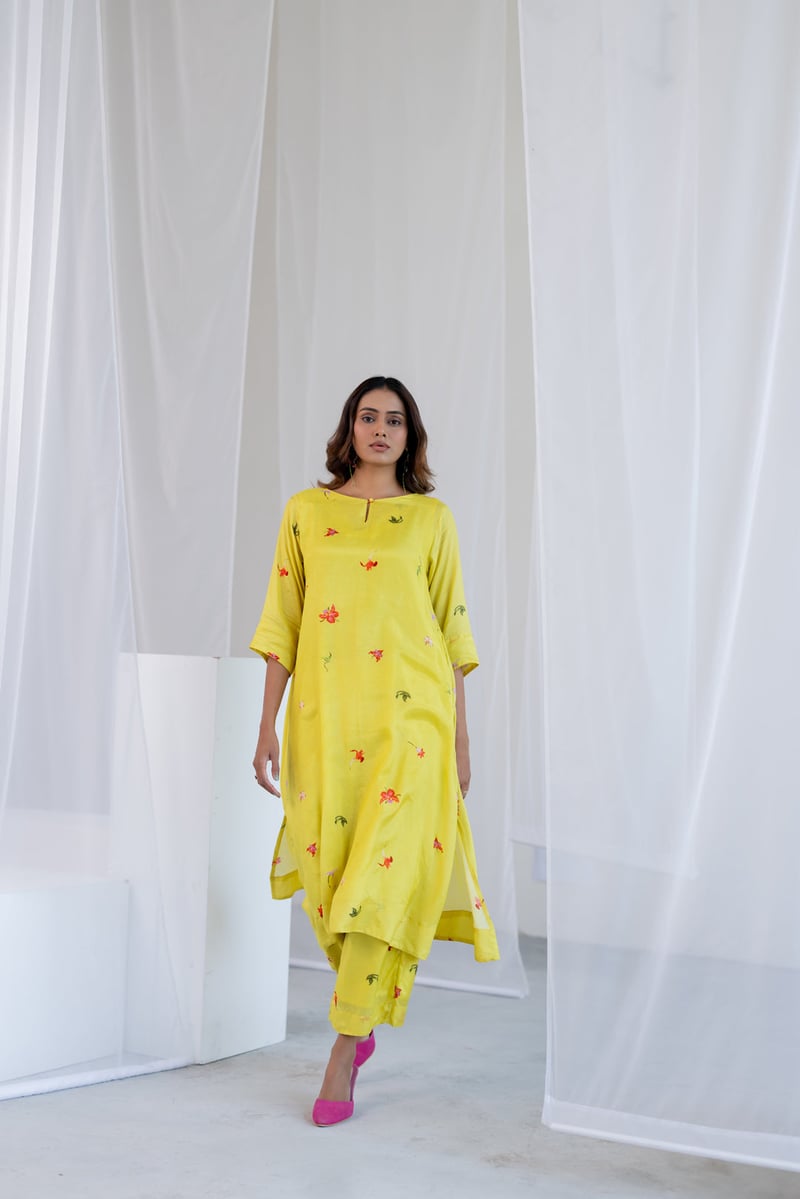 Lime Green Silk Voile Floral Printed Kurta Set with Pants