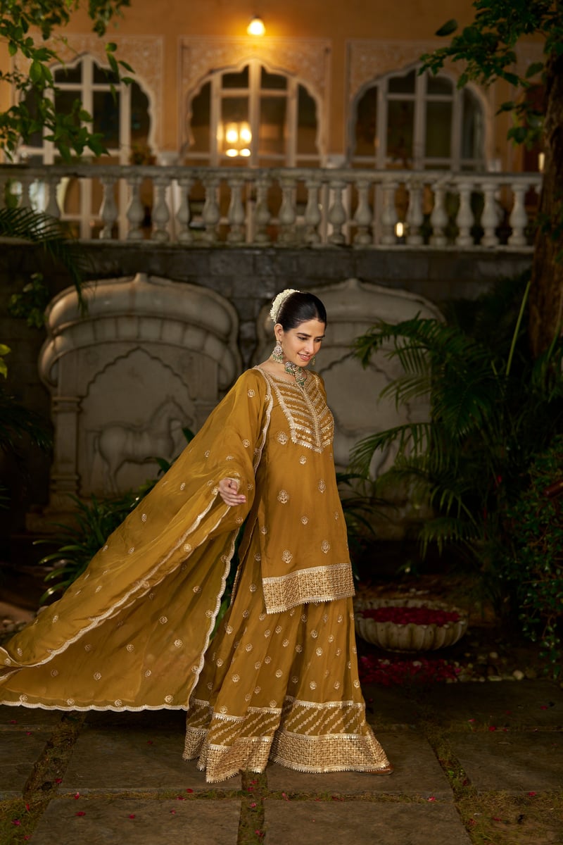 Yellow Organza Embroidered Kurta Sharara Set with Dupatta