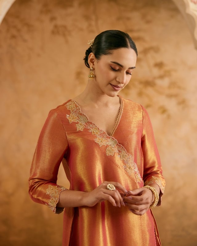 Rosy Zari Chevron Tissue Angrakha Kurta Set with Pants