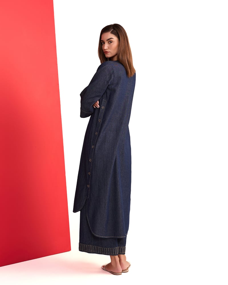 Denim Blue V-Neck Straight Kurta and Pant Set