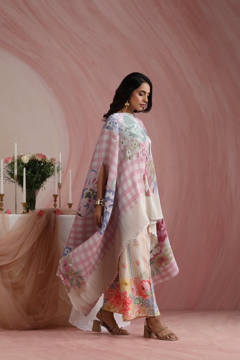 Rose Quartz Satin Floral Check Printed Pleated Cape