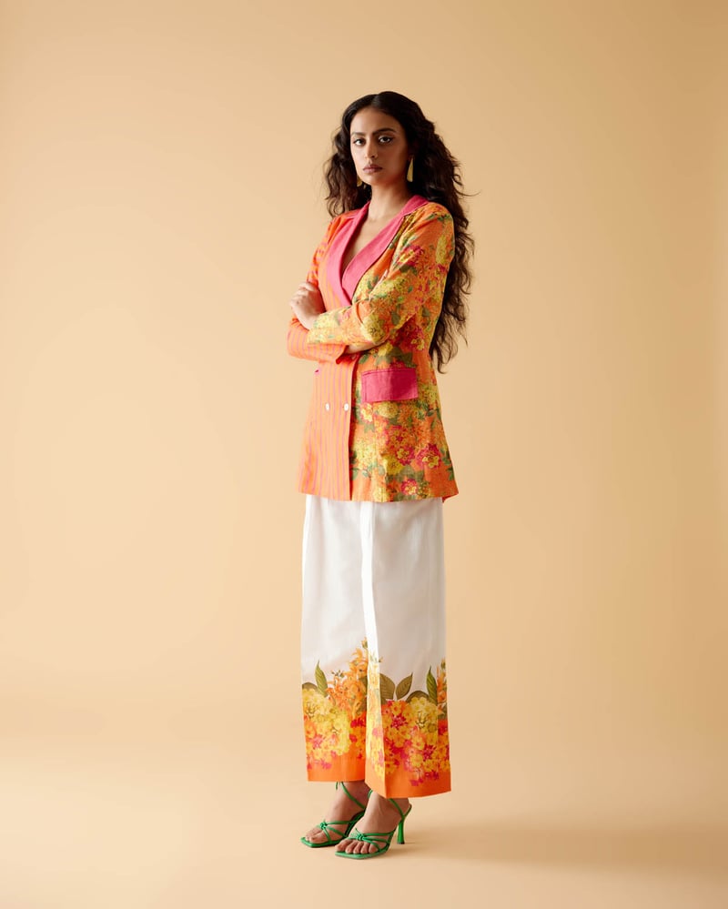 Orange/Pink Printed Linen Tailored Blazer