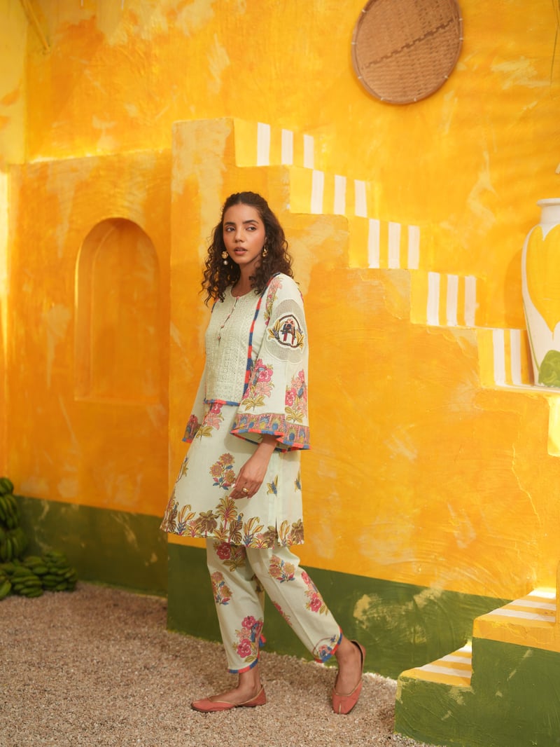 Cool Mint Printed Cotton Kurta Set with Bell Sleeves
