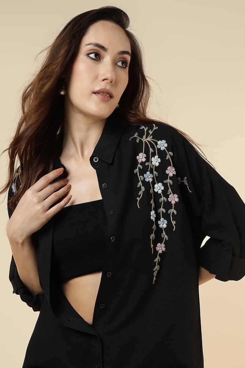 Black Floral Embroidered Longline Button-Down Shirt