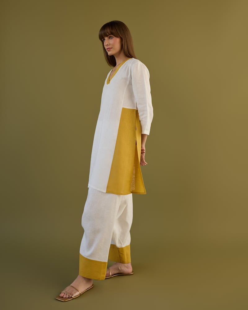 White and Ochre Linen Tunic and Farshi Pants Co-ord Set