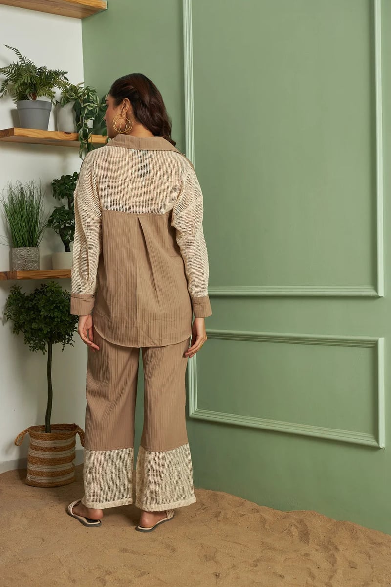 Beige Straight-Leg Trousers with Crochet Mesh Hem