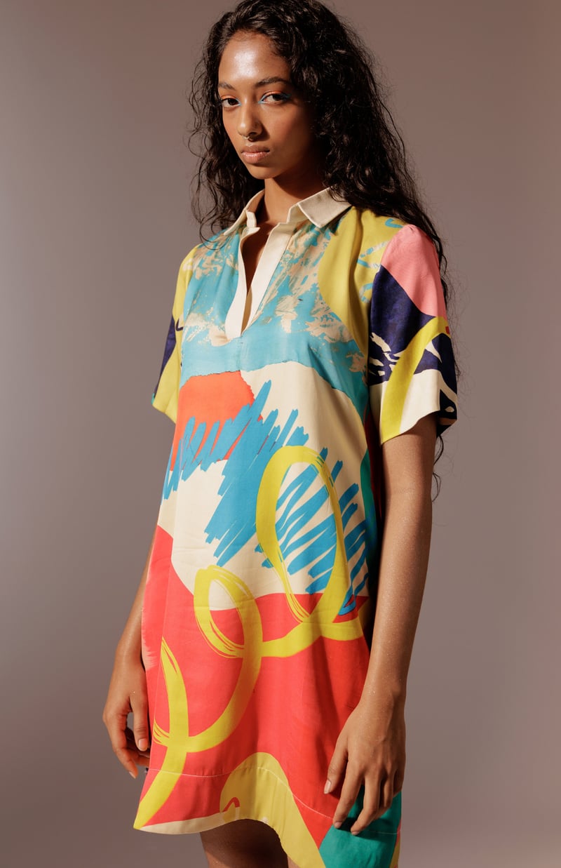 Multicolour Abstract Print Satin Shift Mini Dress