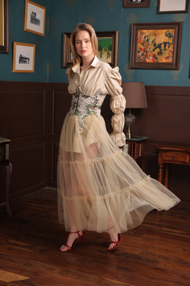 Beige Net Tiered Maxi Skirt