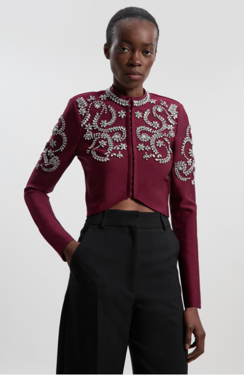 Burgundy Cropped Crystal-Embellished Knit Jacket