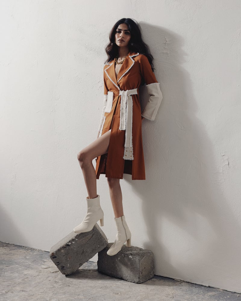 Rust Denim Colorblock Wrap Dress with Lapel Collar