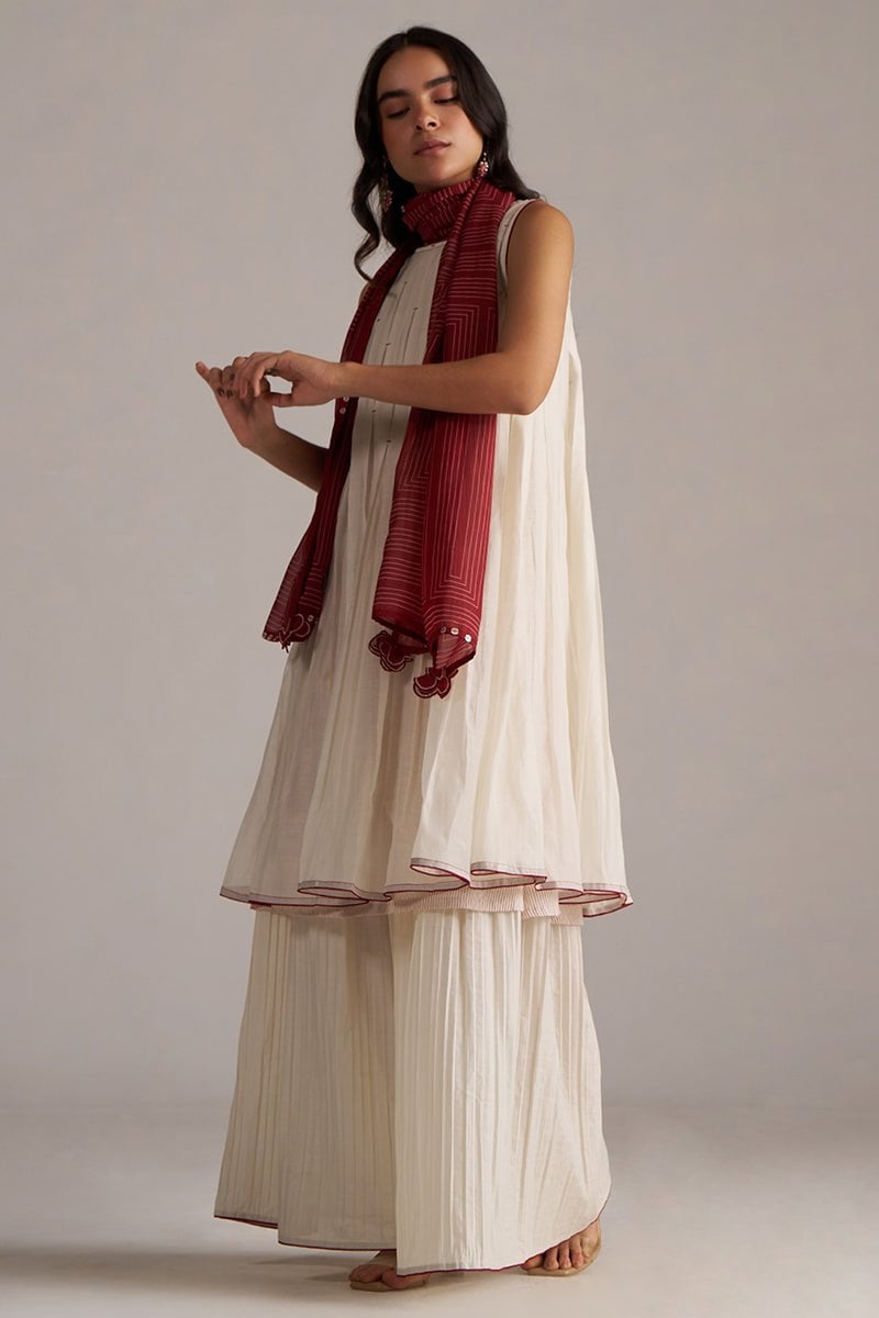 Ivory and Maroon Pure Chanderi A-Line Kurta Set