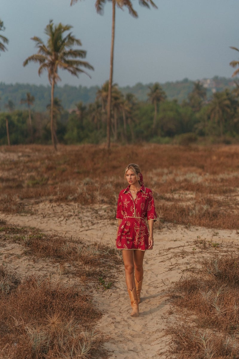 Green Linen Printed Button-Down Mini Shirt Dress