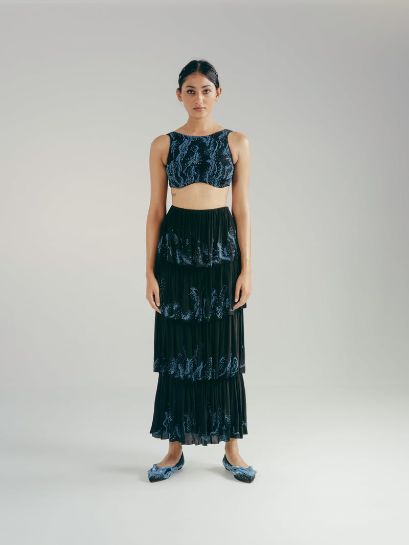 Black Embellished Bustier and Tiered Maxi Skirt Co-ord Set