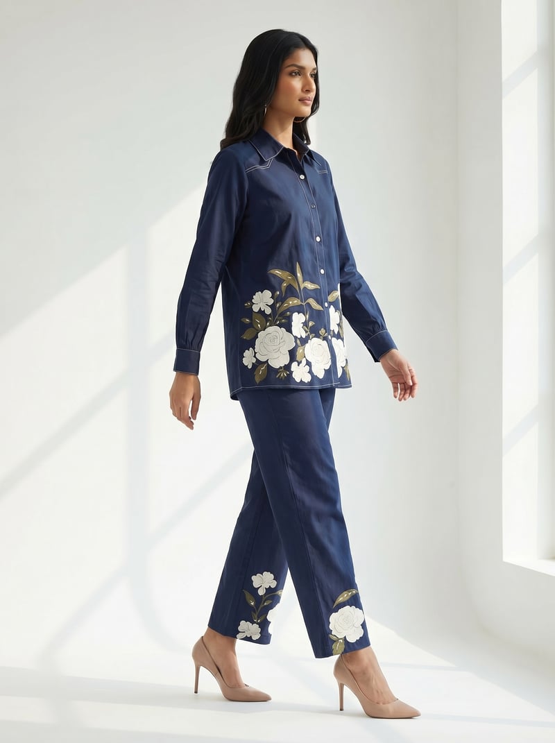 Navy Cotton Shirt and Wide-Leg Pants Co-ord Set