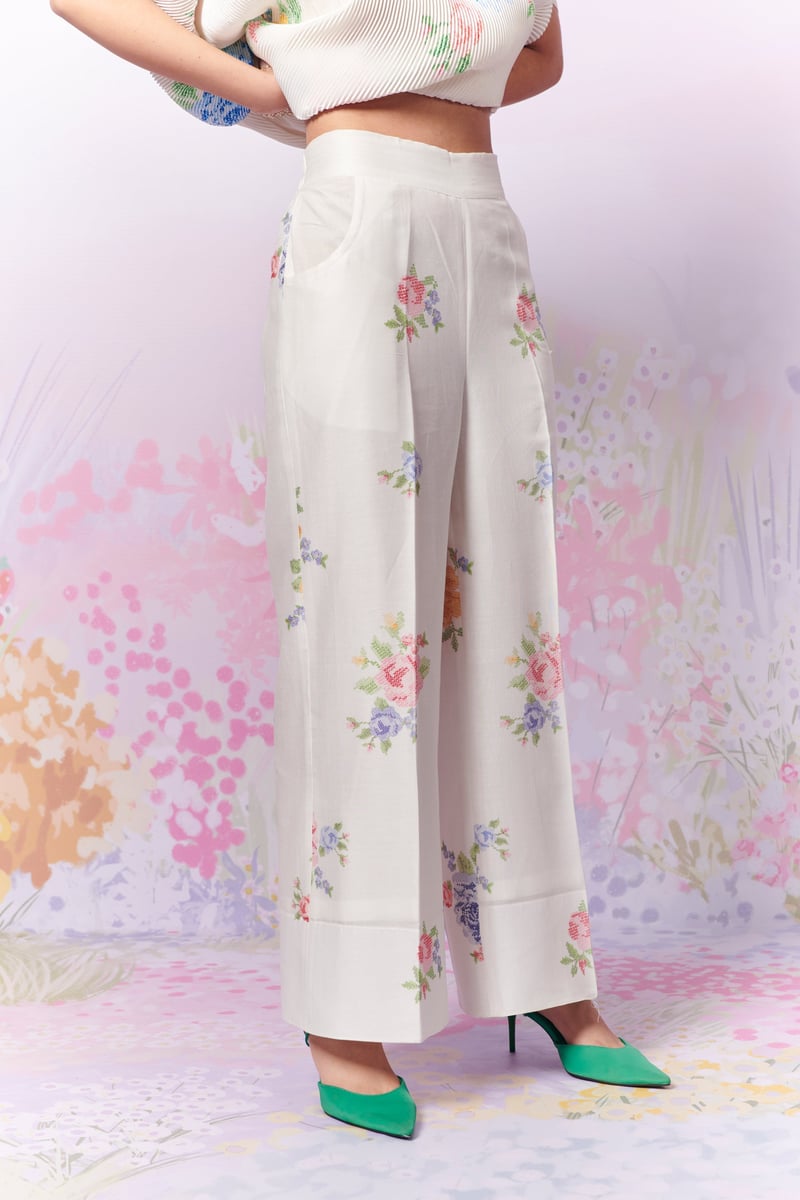 White Chanderi Silk Floral Wide-Leg Trousers