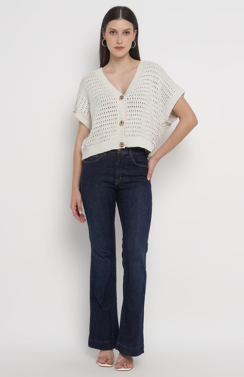 Off-White Openwork Knit Cropped Cardigan with Gold Buttons