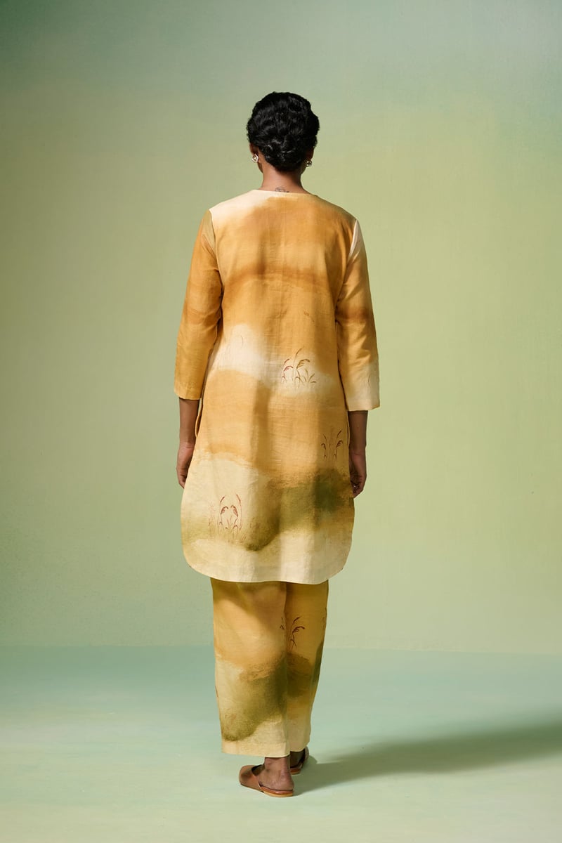 Beige Ochre Art Print Linen-Cotton Kurta Set
