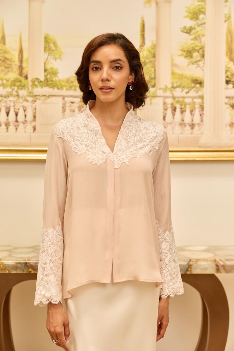 Lunaria Misty Rose French Lace Crepe Top