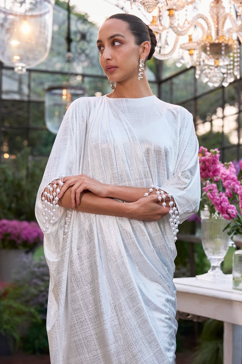 White/Silver Metallic Draped Kaftan Dress with Pearl Tassels