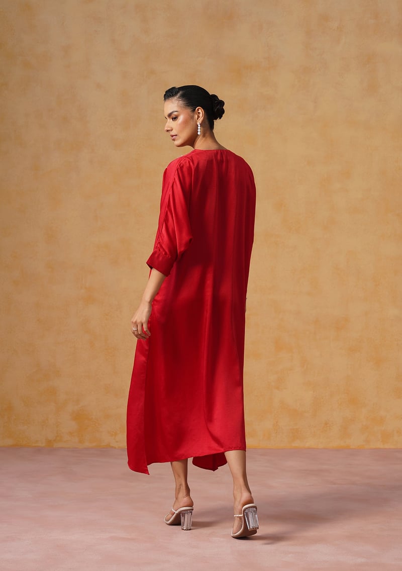 Red Satin Kaftan Midi Dress with Crystal Embroidery