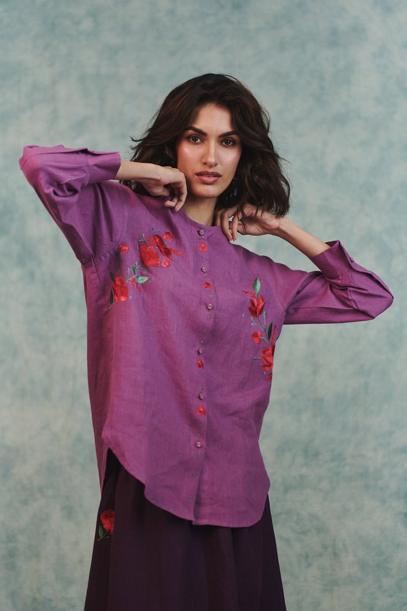 Berry Linen Embroidered Round Hem Shirt
