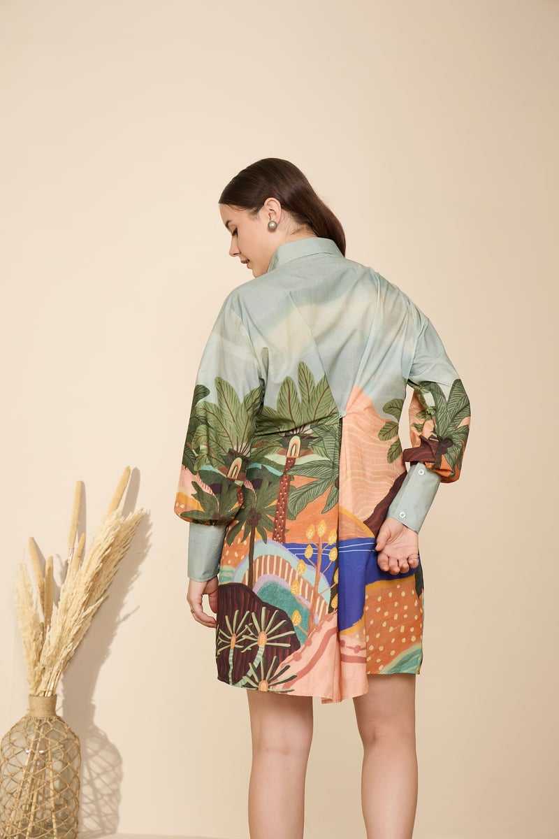 Printed Cotton Poplin Shirt Dress with Drawstring Waist
