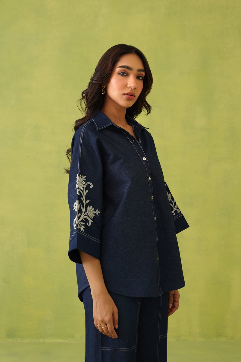 Denim Blue Embroidered Shirt and Wide-Leg Co-ord Set