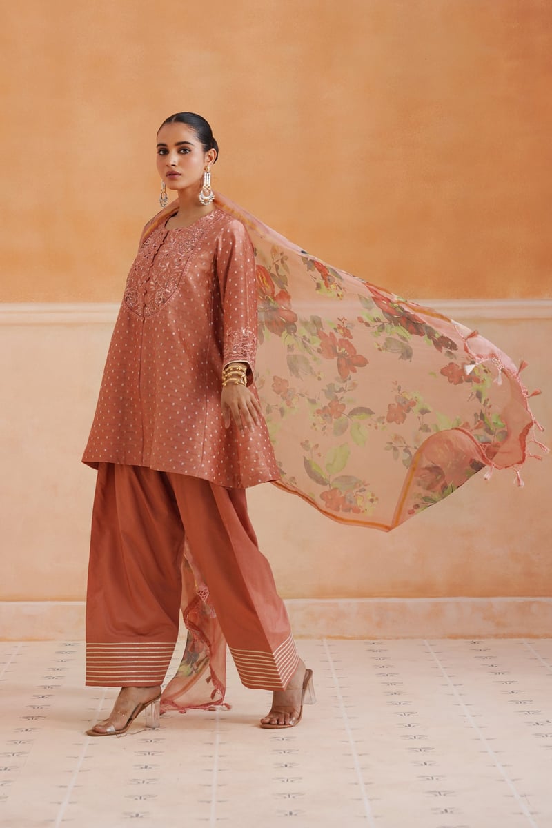 Peach Blush Embroidered Chanderi Kurta Set with Dupatta