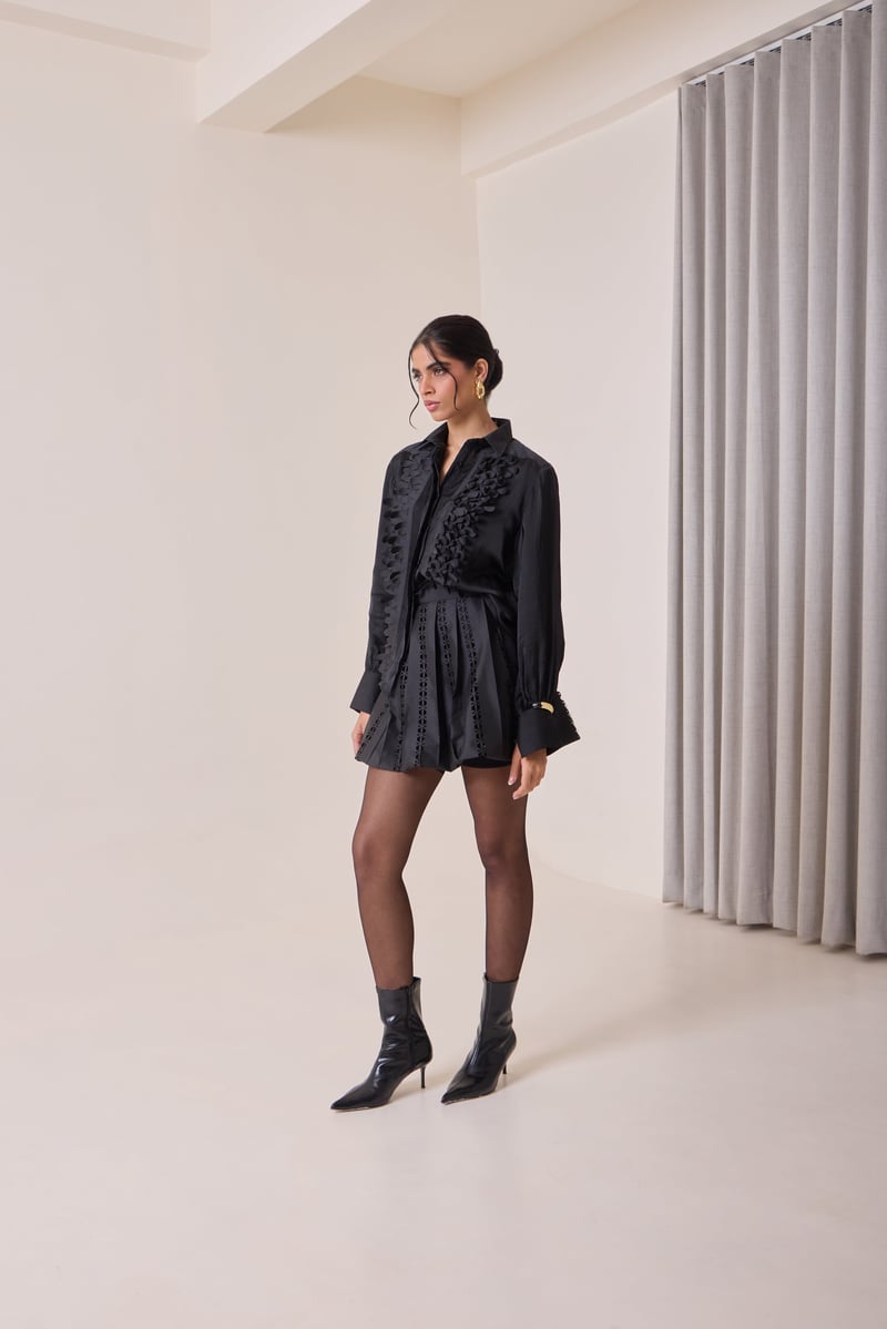 Black Taffeta Bubble Mini Skirt with Cutwork Detail
