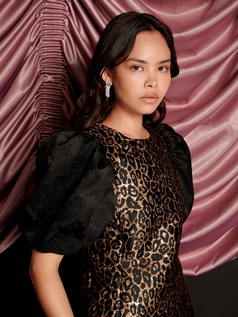 Brown Leopard Jacquard Mini Dress with Black Puff Sleeves