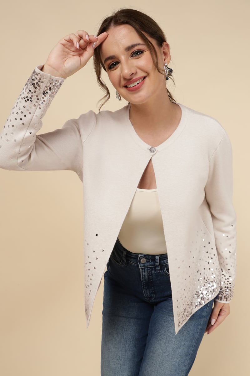 Ecru Sequin Hem Fine-Knit Cardigan — MnM