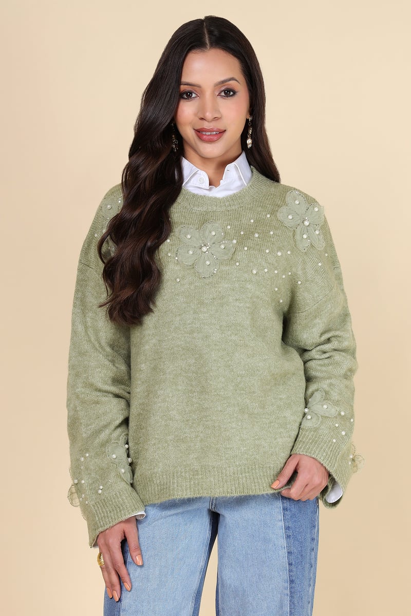 Green Floral Applique Embellished Pullover Sweater