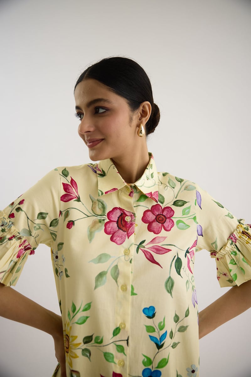 Yellow Floral Printed Tiered Mini Shirt Dress