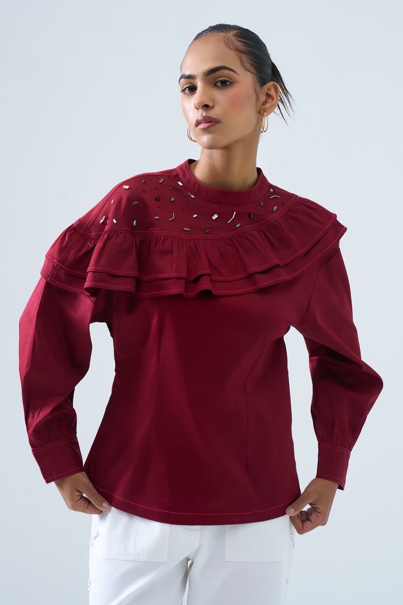 Maroon Ruffle Yoke Sequin Detail Full Sleeve Top
