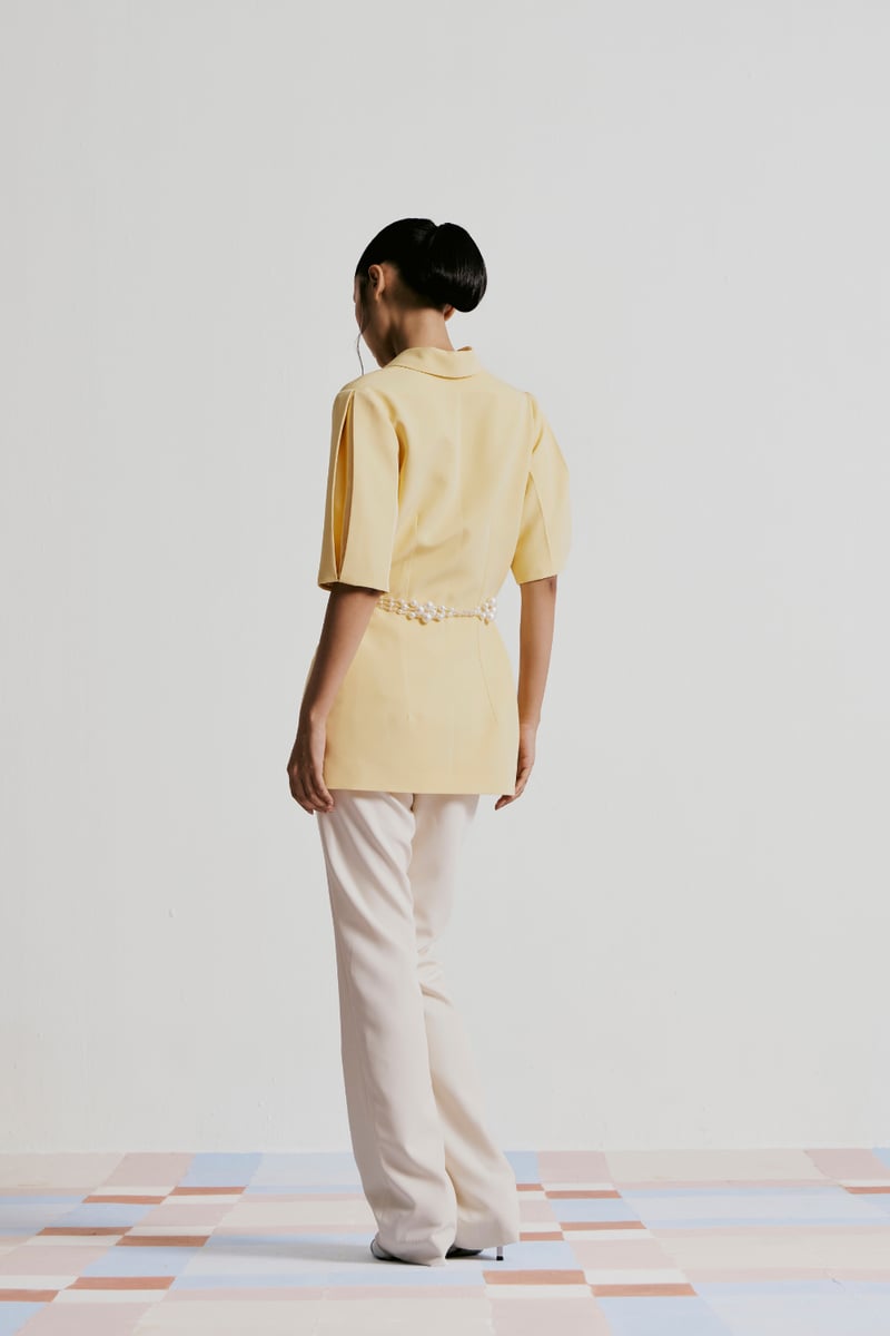 Pastel Yellow Banana Crepe Tailored Blazer with Pearl Belt